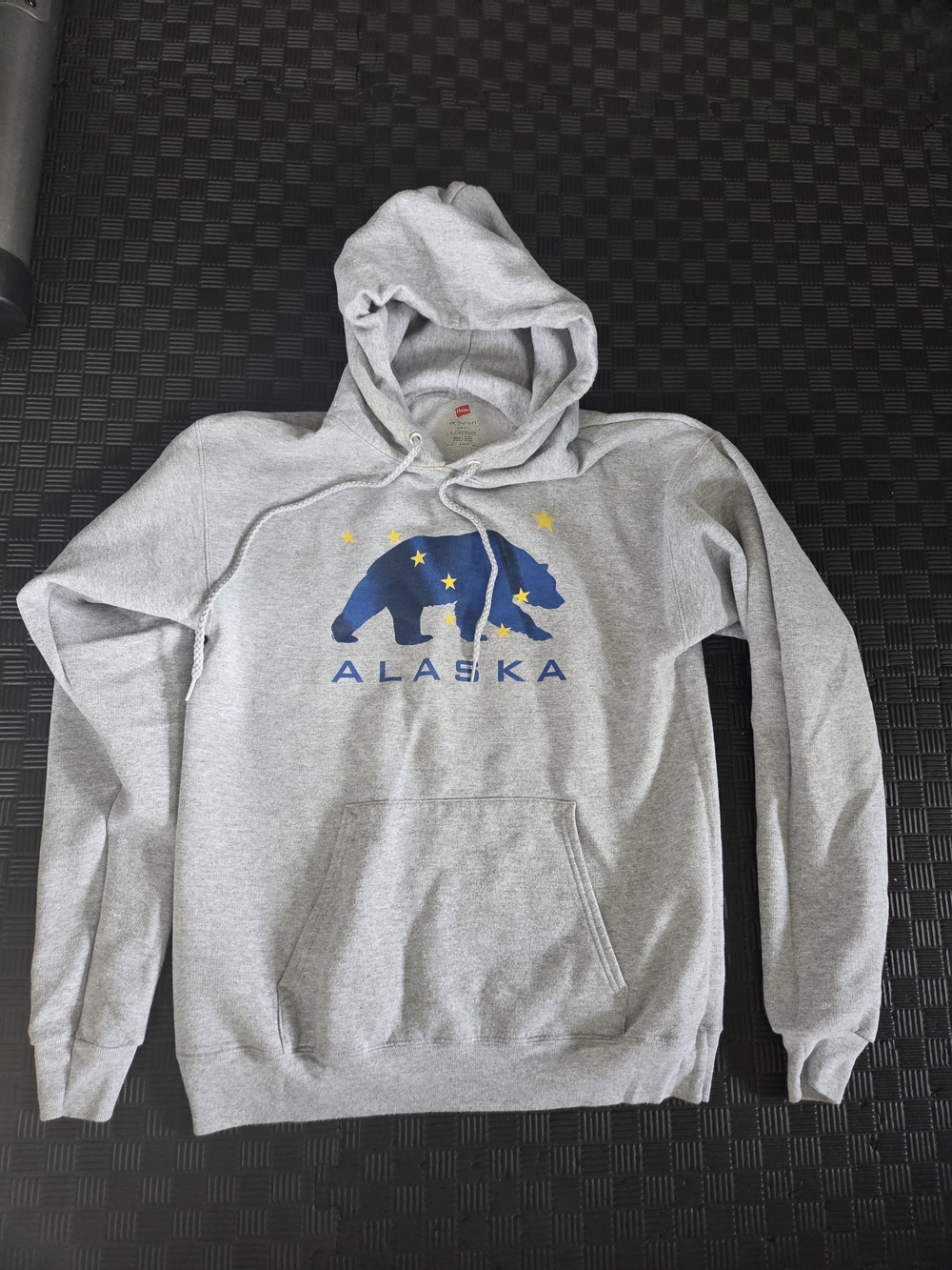 Hanes Gray Alaska Bear Hoodie with Blue & Gold Graphic
